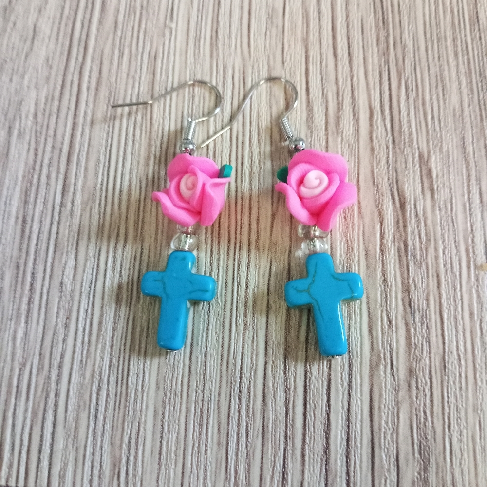 New sterling silver turquoise gemstone cross earrings pink neon clay roses